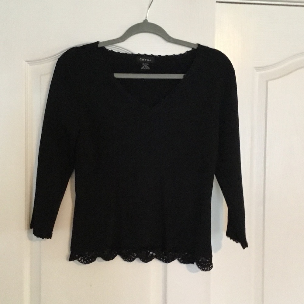 City Limit Black V-Neck Lace Trim Blouse